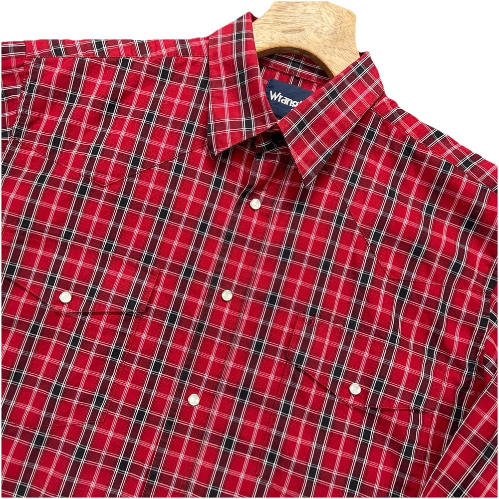 Wrangler Western Shirt Mens Large‎ Red Blue Tartan Plaid Pearl Snap Long Sleeve